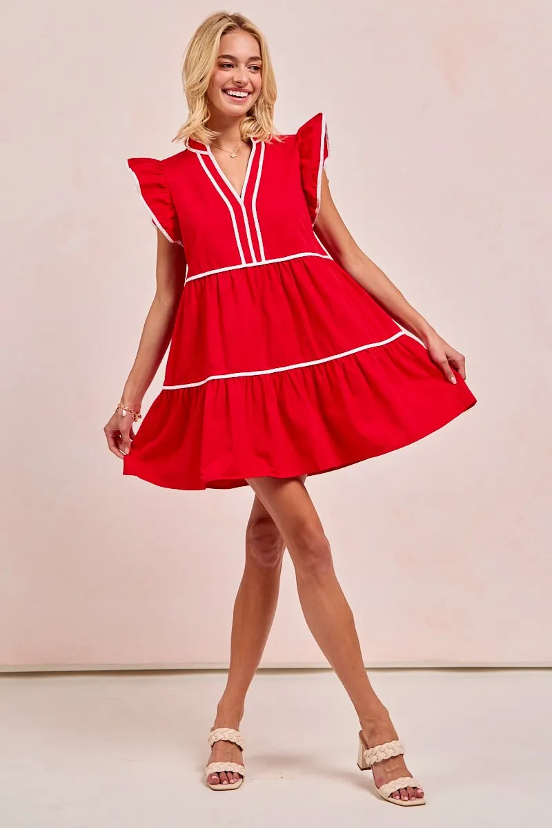 BiBi Gameday Theme Contrast Binding Ruffled Dress free shipping -Oh Em Gee Boutique