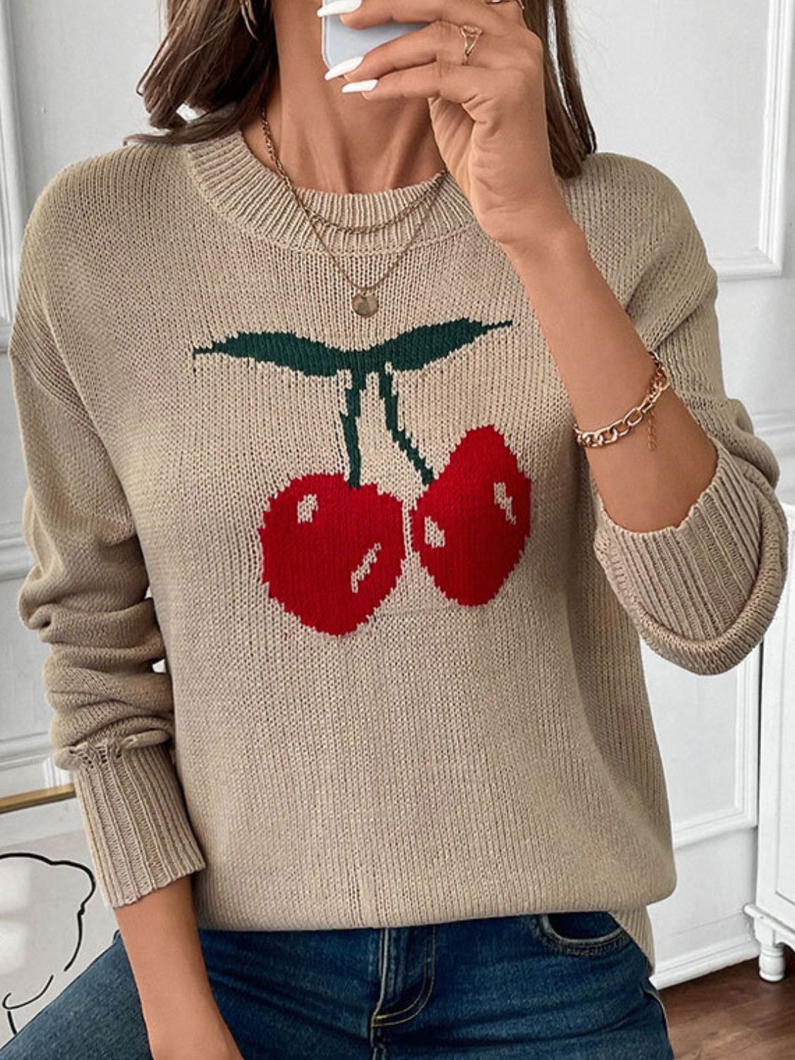 Perfee Cherry Round Neck Long Sleeve Sweater free shipping -Oh Em Gee Boutique