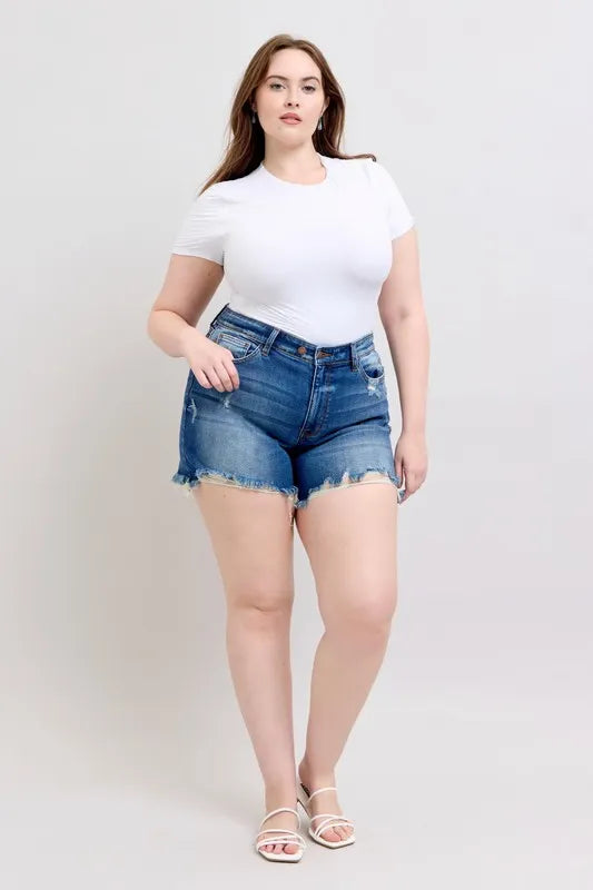 Judy Blue Plus Size 2 Button Dad Shorts with Destroy free shipping -Oh Em Gee Boutique