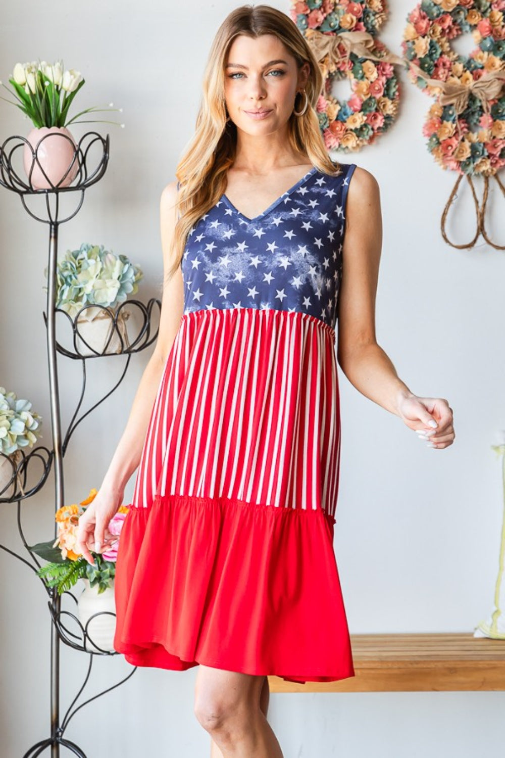 Heimish Full Size US Flag Theme Contrast Tank Dress free shipping -Oh Em Gee Boutique