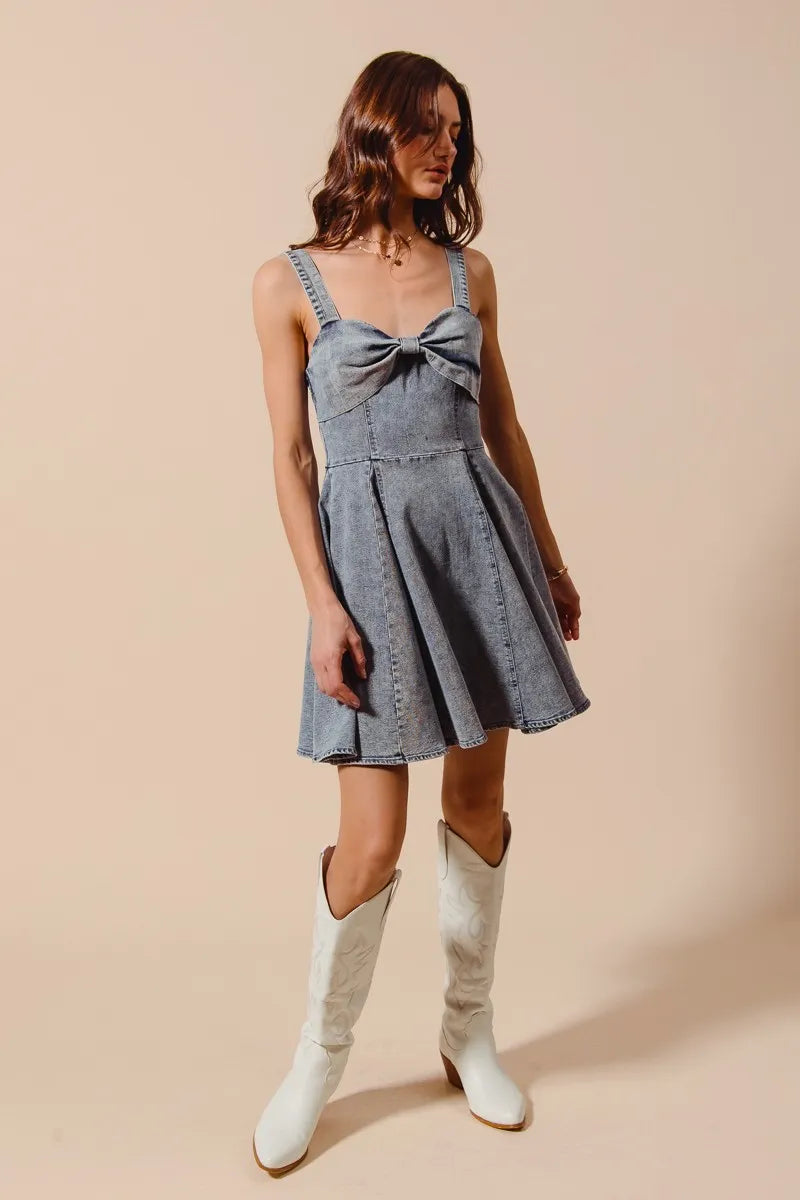 SO ME Mineral Washed Bow Ribbon Denim Flare Dress free shipping -Oh Em Gee Boutique
