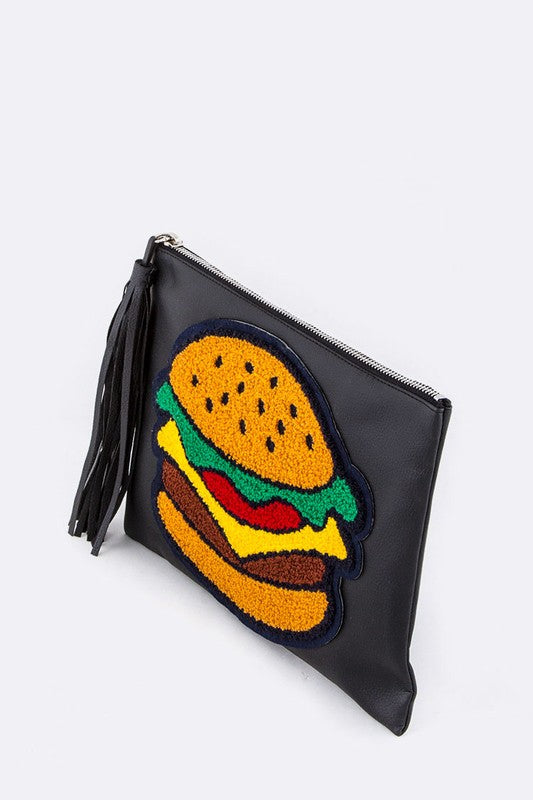 Plushy Hamburger Patch Tasseled Leather Pouch free shipping -Oh Em Gee Boutique