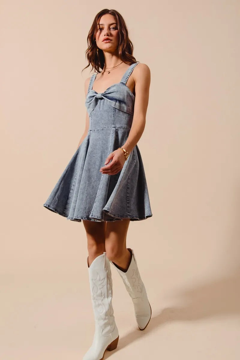 SO ME Mineral Washed Bow Ribbon Denim Flare Dress free shipping -Oh Em Gee Boutique