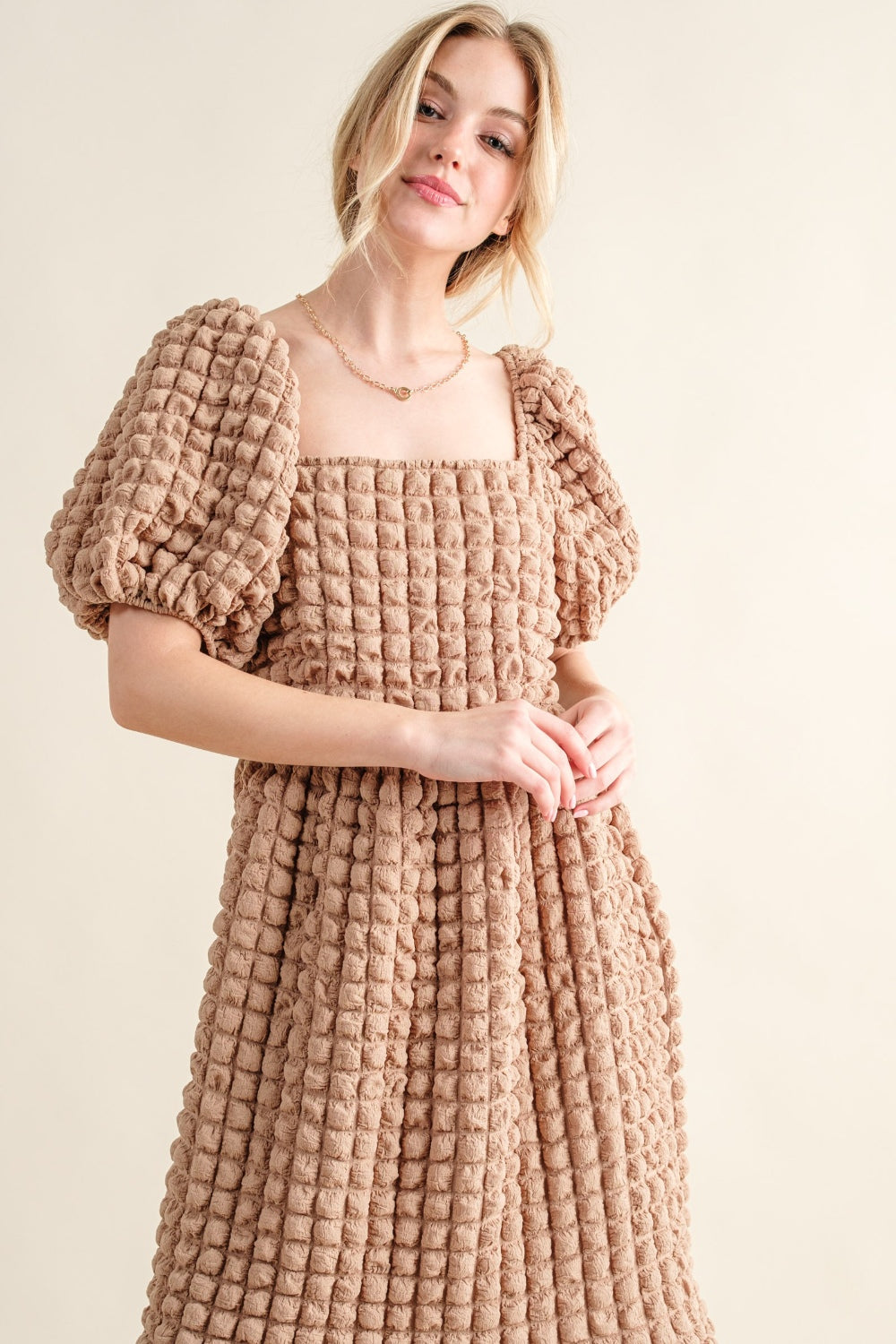 And The Why Full Size Square Neck Puff Sleeve Dress free shipping -Oh Em Gee Boutique