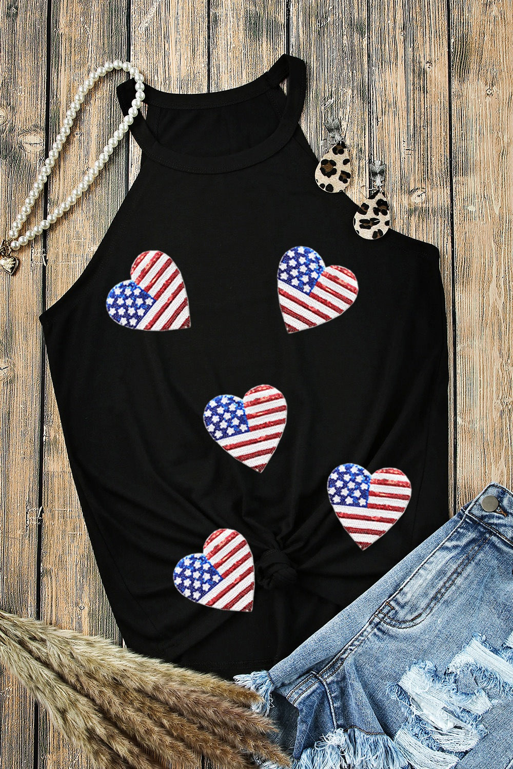 Heart US Flag Round Neck Grecian Neck Tank free shipping -Oh Em Gee Boutique