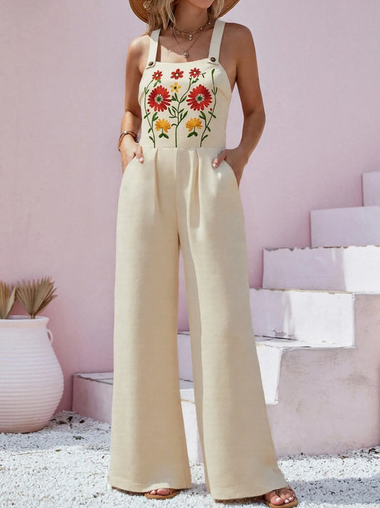 Floral Embroidered Wide Leg Jumpsuit free shipping -Oh Em Gee Boutique