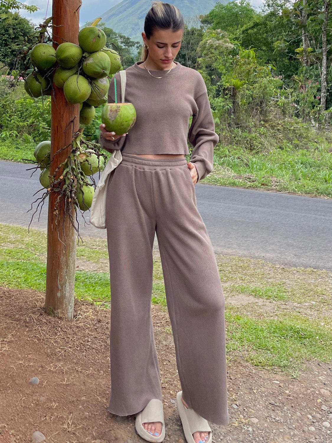 Waffle-Knit Round Neck Top and Pants Set free shipping -Oh Em Gee Boutique