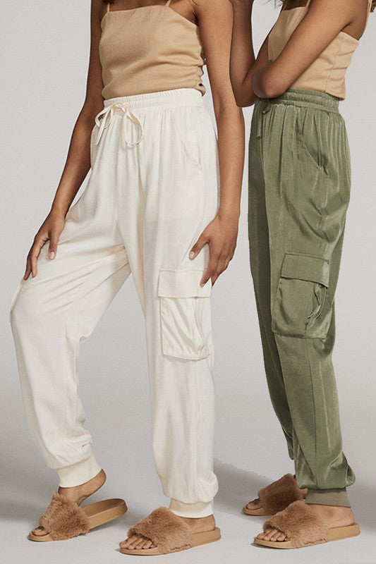 Textured Satin Cargo Pants free shipping -Oh Em Gee Boutique