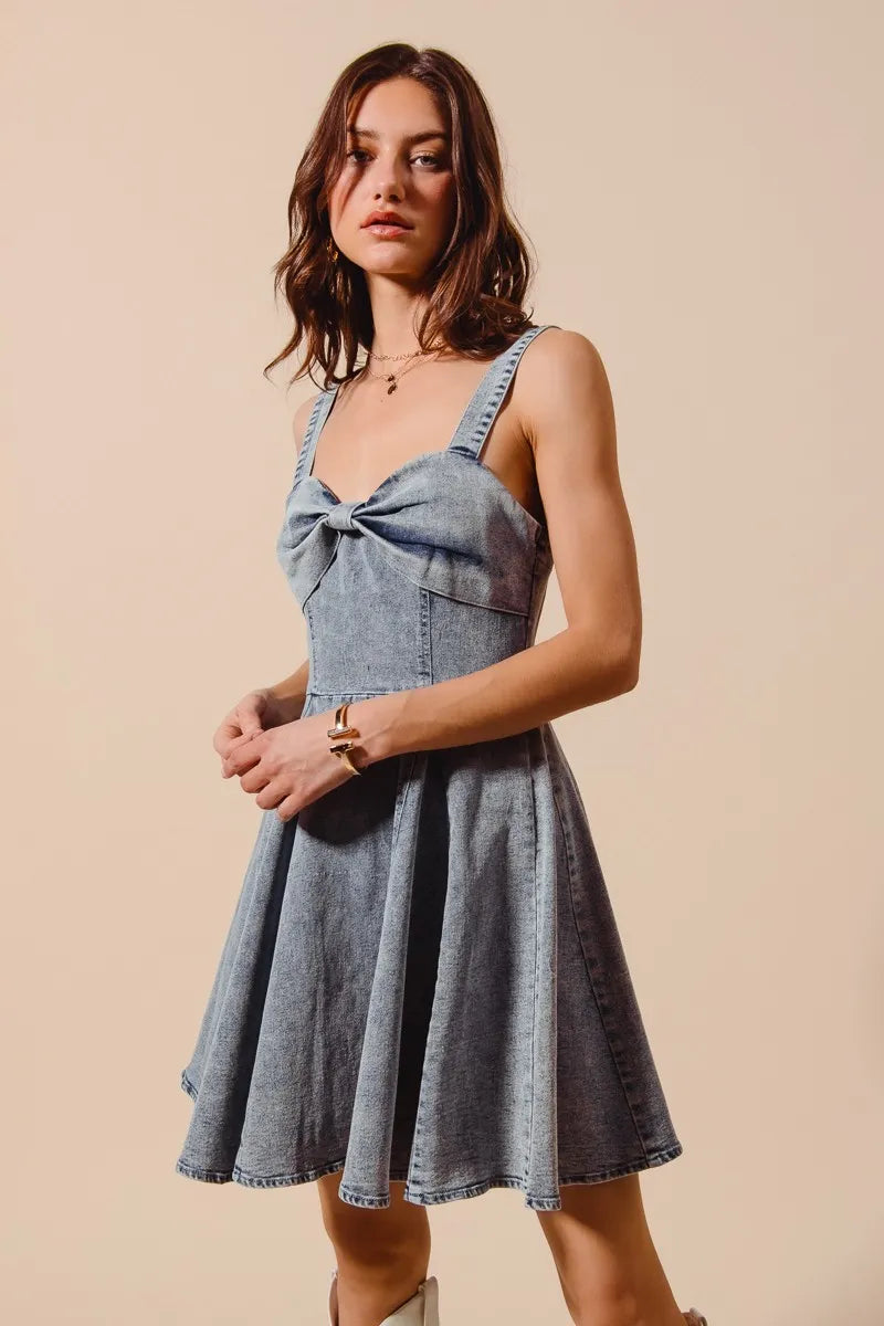 SO ME Mineral Washed Bow Ribbon Denim Flare Dress free shipping -Oh Em Gee Boutique