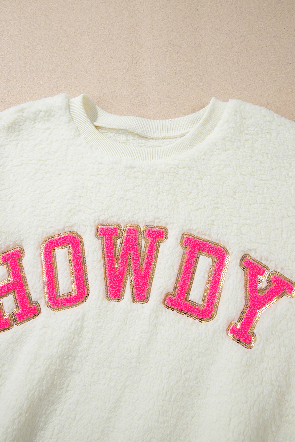HOWDY Patched Round Neck Sherpa Sweatshirt free shipping -Oh Em Gee Boutique