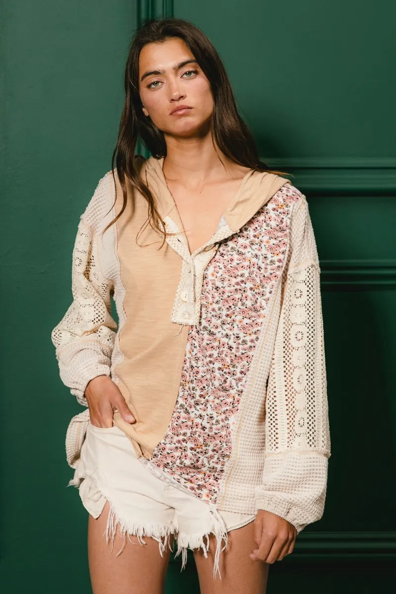 BiBi Slub Jersey with Lace Combo Buttoned Hoodie Top free shipping -Oh Em Gee Boutique