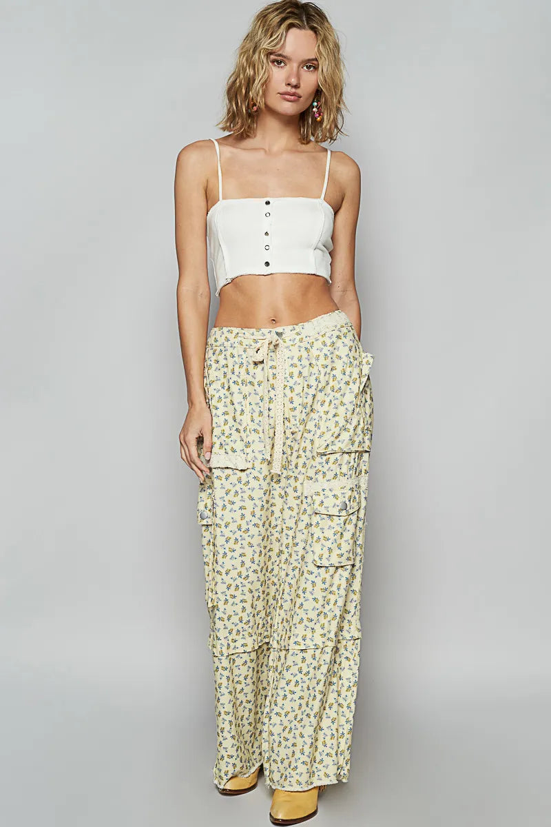 POL Floral Cargo Wide Leg Pants with Lace Drawstring free shipping -Oh Em Gee Boutique