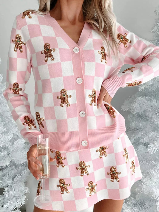 Gingerbread Checkered Cardigan and Skirt Sweater Set free shipping -Oh Em Gee Boutique