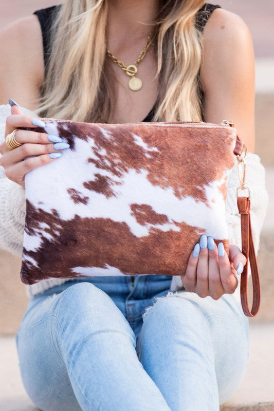 Faux Fur Cow Animal Print Clutch free shipping -Oh Em Gee Boutique