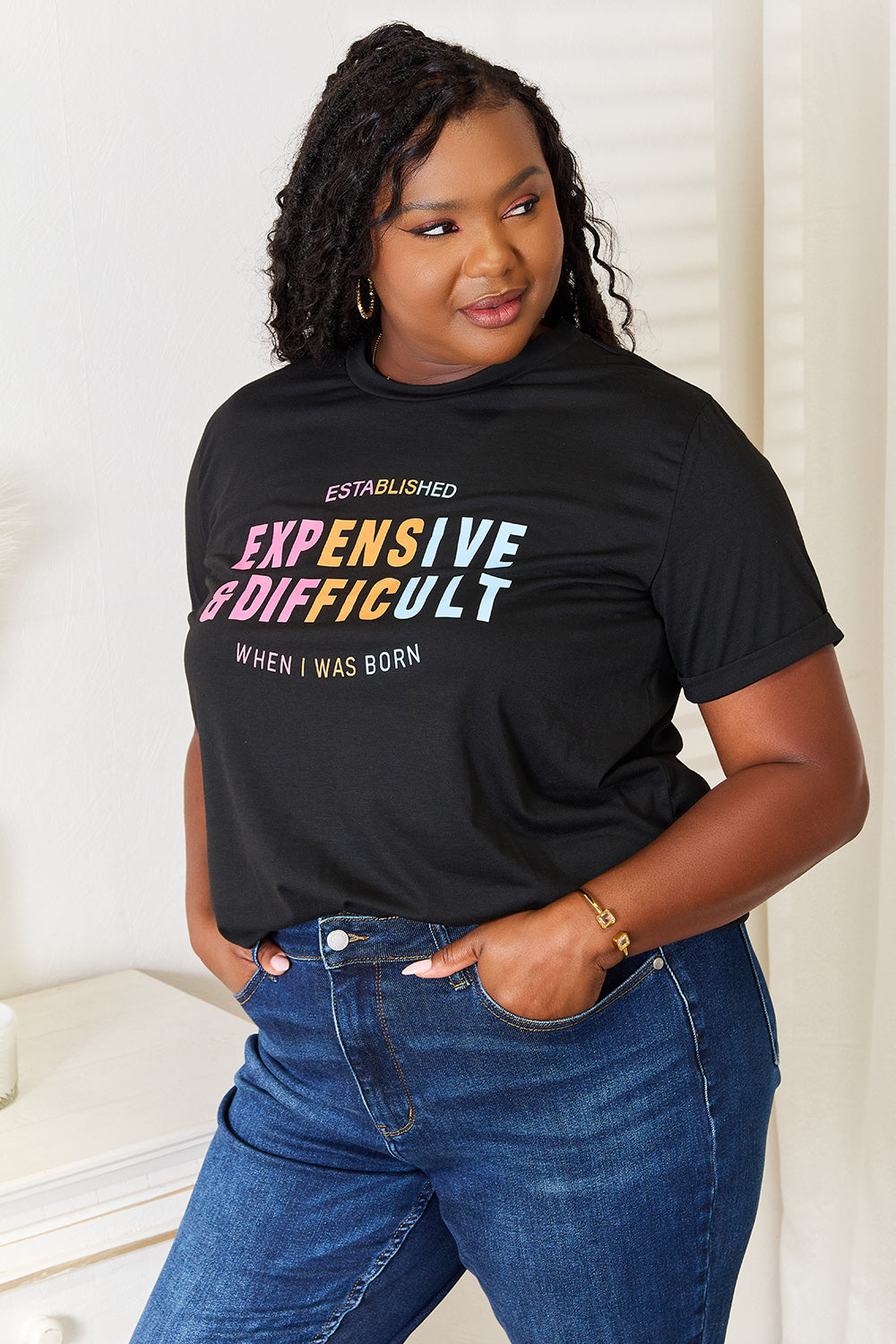 Simply Love Slogan Graphic Cuffed Sleeve T-Shirt free shipping -Oh Em Gee Boutique