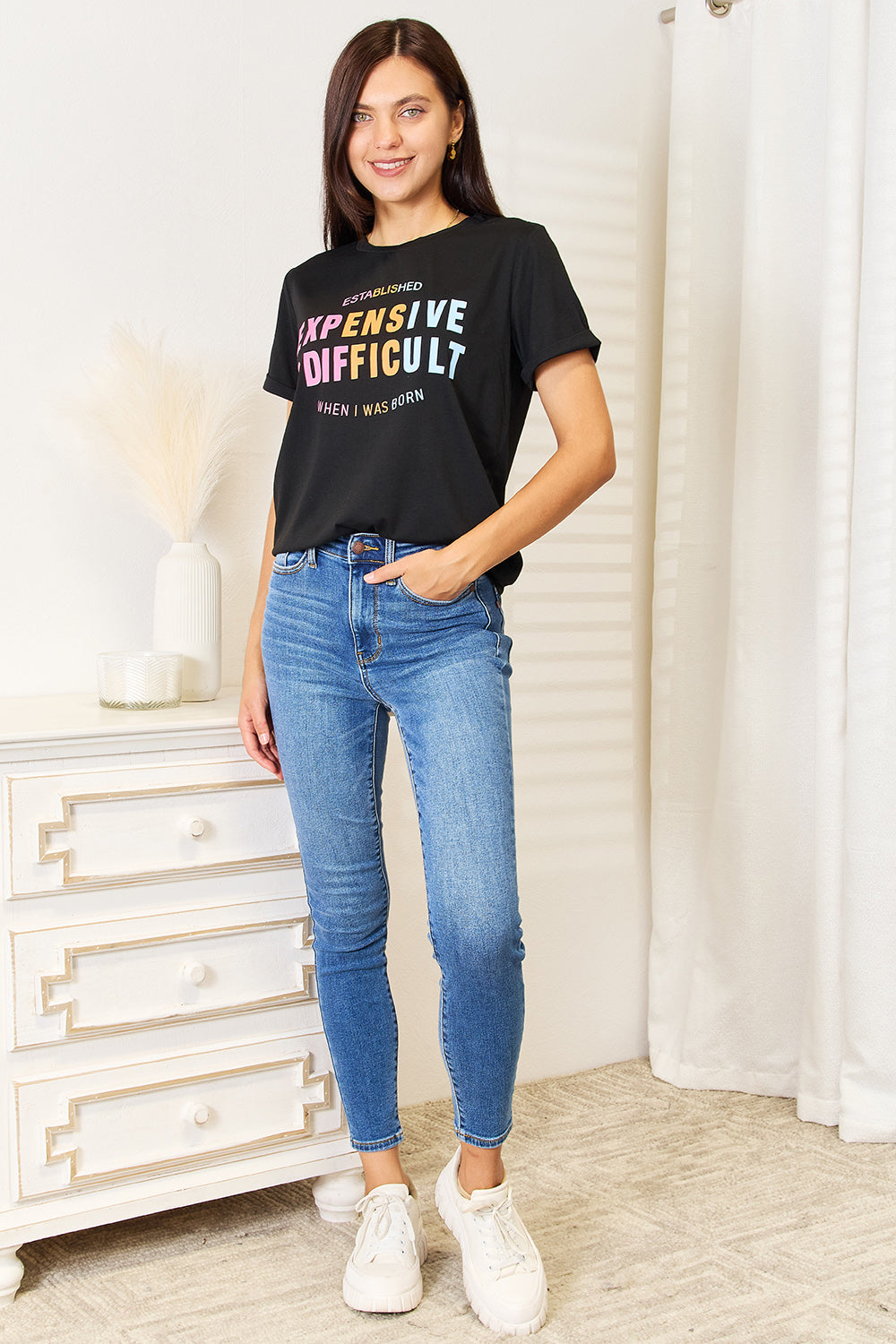 Simply Love Slogan Graphic Cuffed Sleeve T-Shirt free shipping -Oh Em Gee Boutique