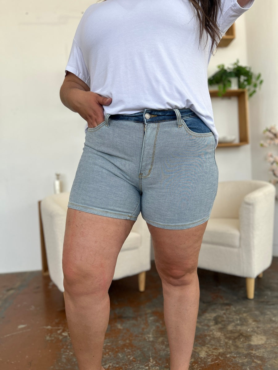 Judy Blue Full Size Color Block Denim Shorts free shipping -Oh Em Gee Boutique
