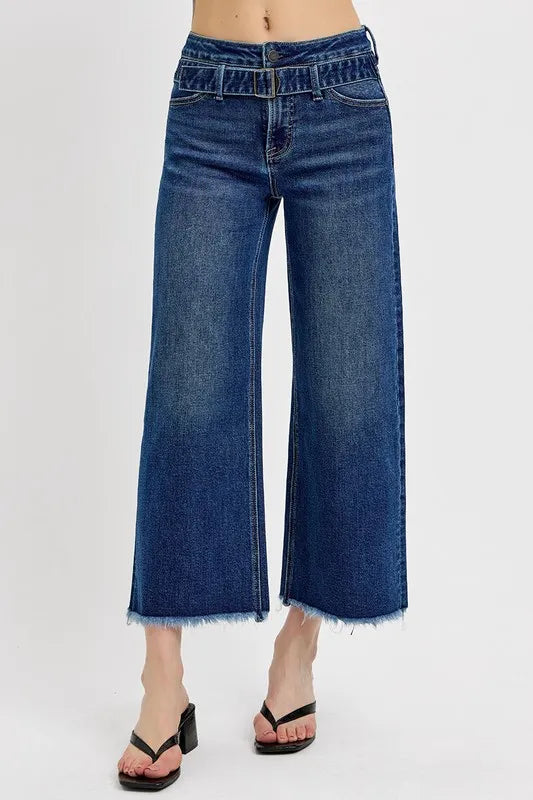 RISEN Raw Hem Wide Leg Attached Buckle Jeans free shipping -Oh Em Gee Boutique