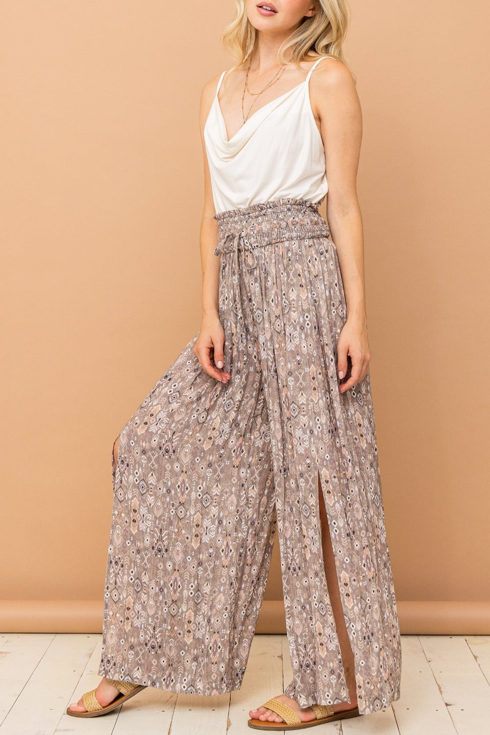 And The Why Printed Smocked Waist Slit Wide Leg Pants free shipping -Oh Em Gee Boutique