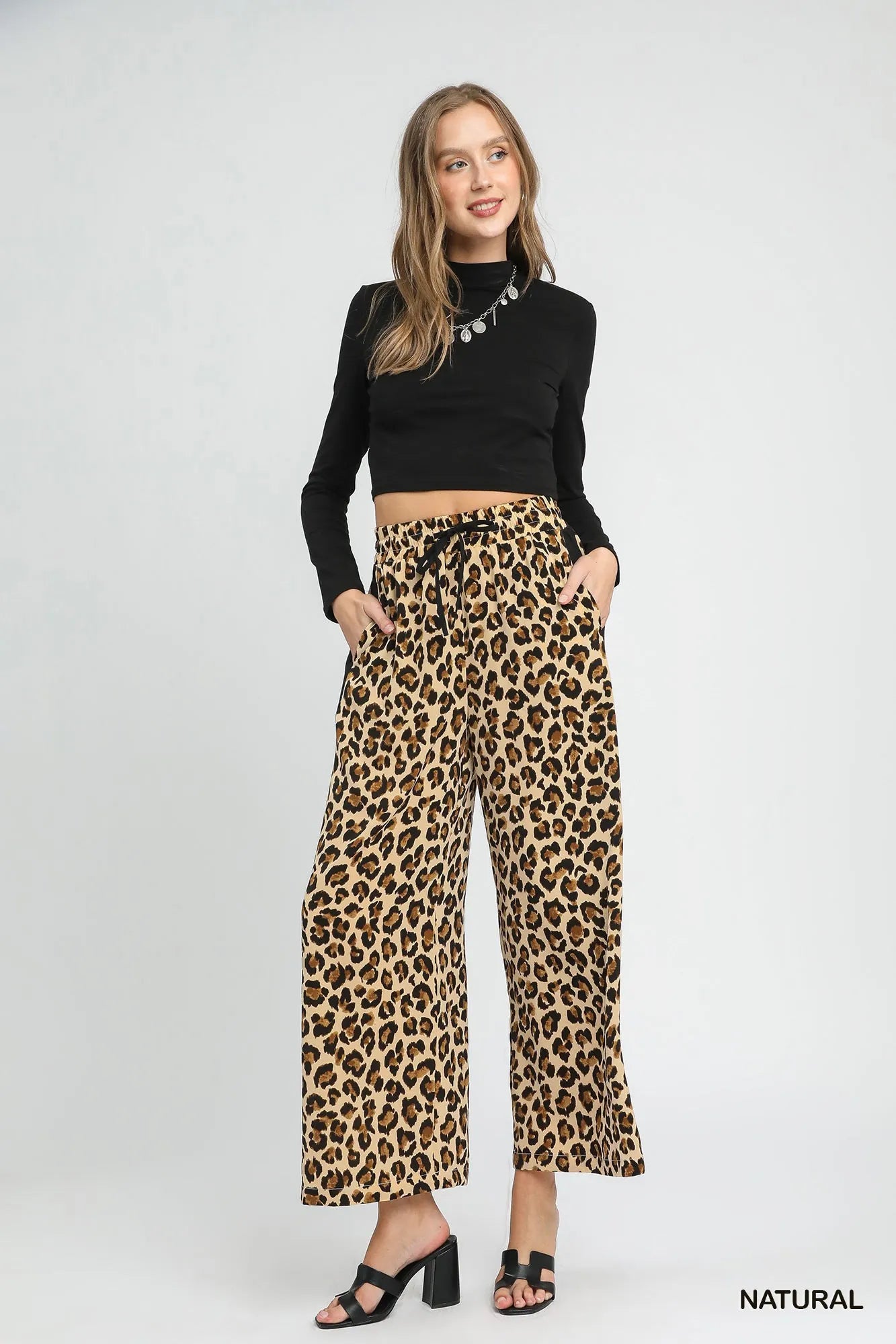 Umgee Leopard Print Wide-Leg Drawstring Pants free shipping -Oh Em Gee Boutique
