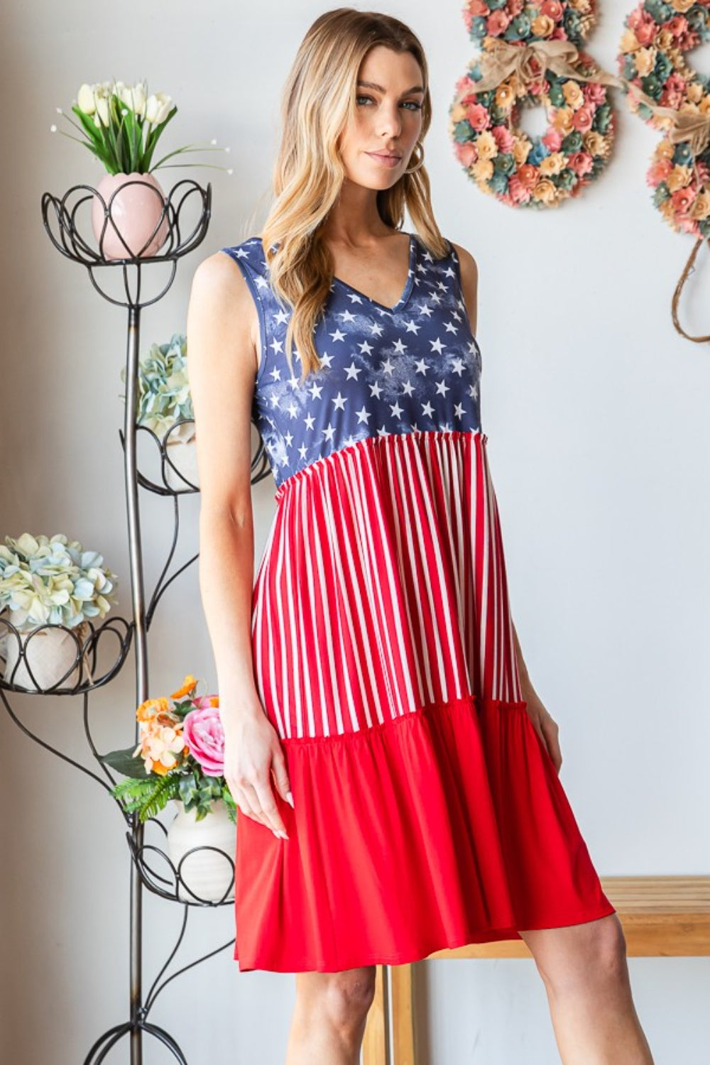 Heimish Full Size US Flag Theme Contrast Tank Dress free shipping -Oh Em Gee Boutique