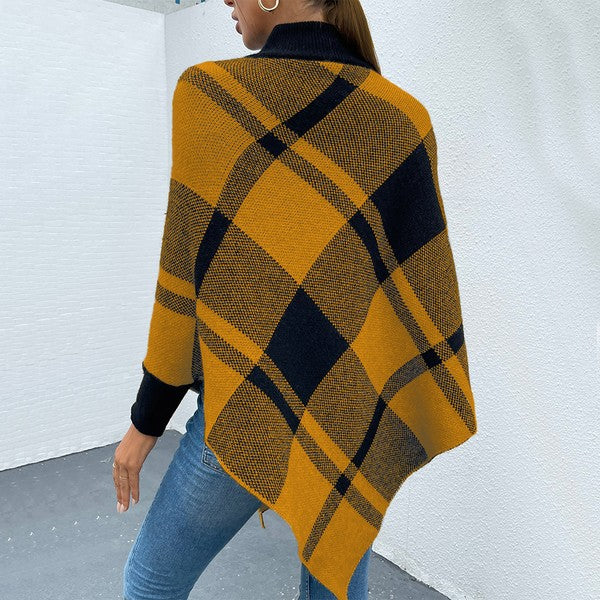 Yellow Mock Neck Plaid Knit Poncho free shipping -Oh Em Gee Boutique