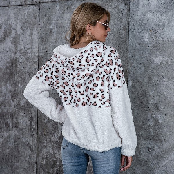 Leopard Teddy Hooded Sweater with Kangaroo Pocket free shipping -Oh Em Gee Boutique