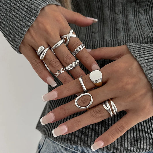 10-Piece Alloy Geometric Rings free shipping -Oh Em Gee Boutique