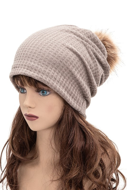 Faux Fur Pom Cotton Slouchy Beanie free shipping -Oh Em Gee Boutique