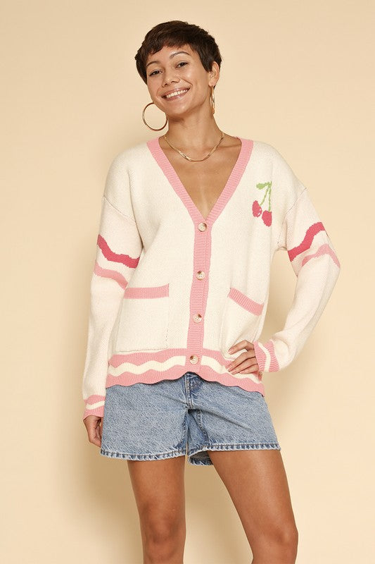 Heart Cherry Varsity Knit Cardigan free shipping -Oh Em Gee Boutique