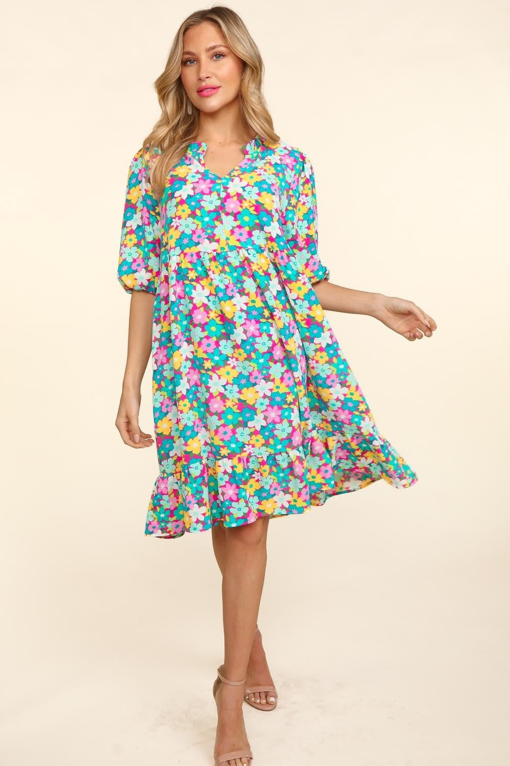 Haptics Bubble Sleeve Floral Ruffled Dress free shipping -Oh Em Gee Boutique