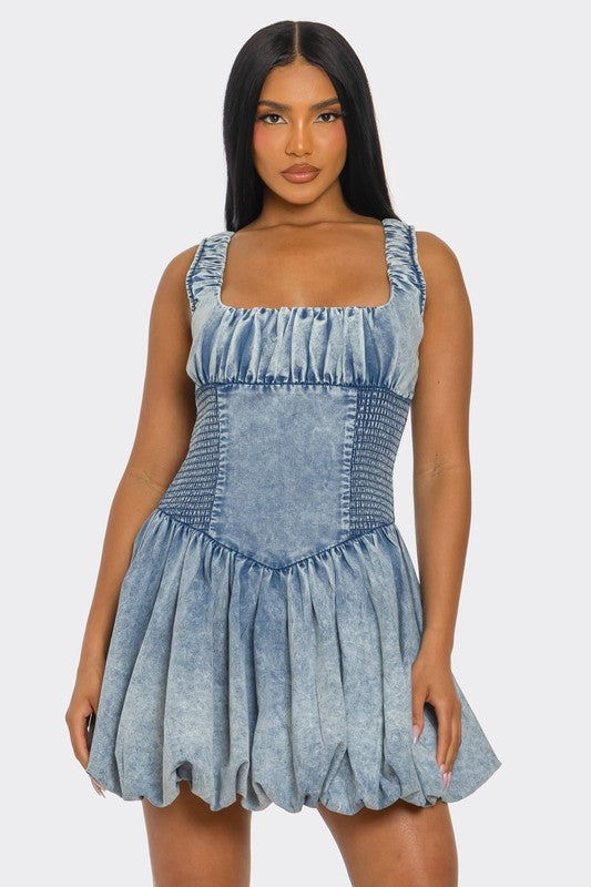 Bubble Belle Denim Mini Dress free shipping -Oh Em Gee Boutique
