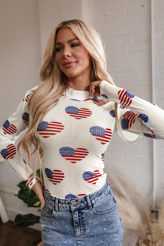 White Americana Glitter Mesh Long Sleeve Bodysuit free shipping -Oh Em Gee Boutique