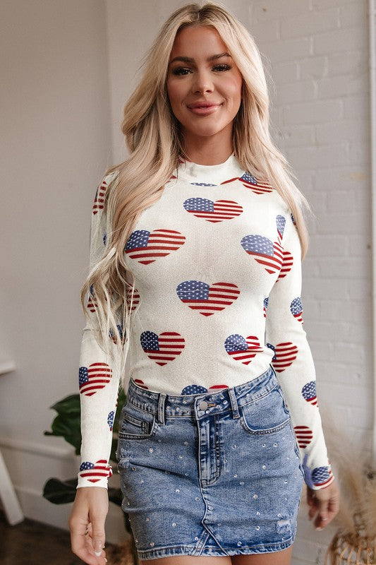White Americana Glitter Mesh Long Sleeve Bodysuit free shipping -Oh Em Gee Boutique