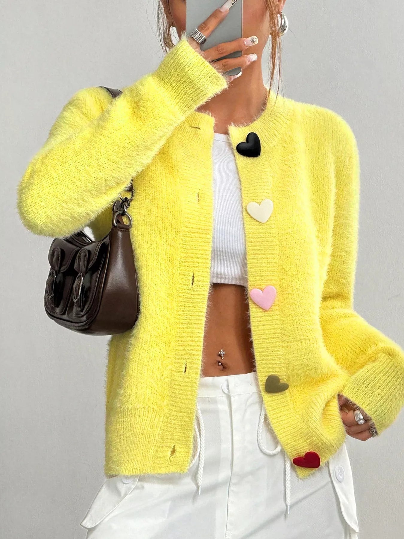 Heart Button Fuzzy Cardigan free shipping -Oh Em Gee Boutique