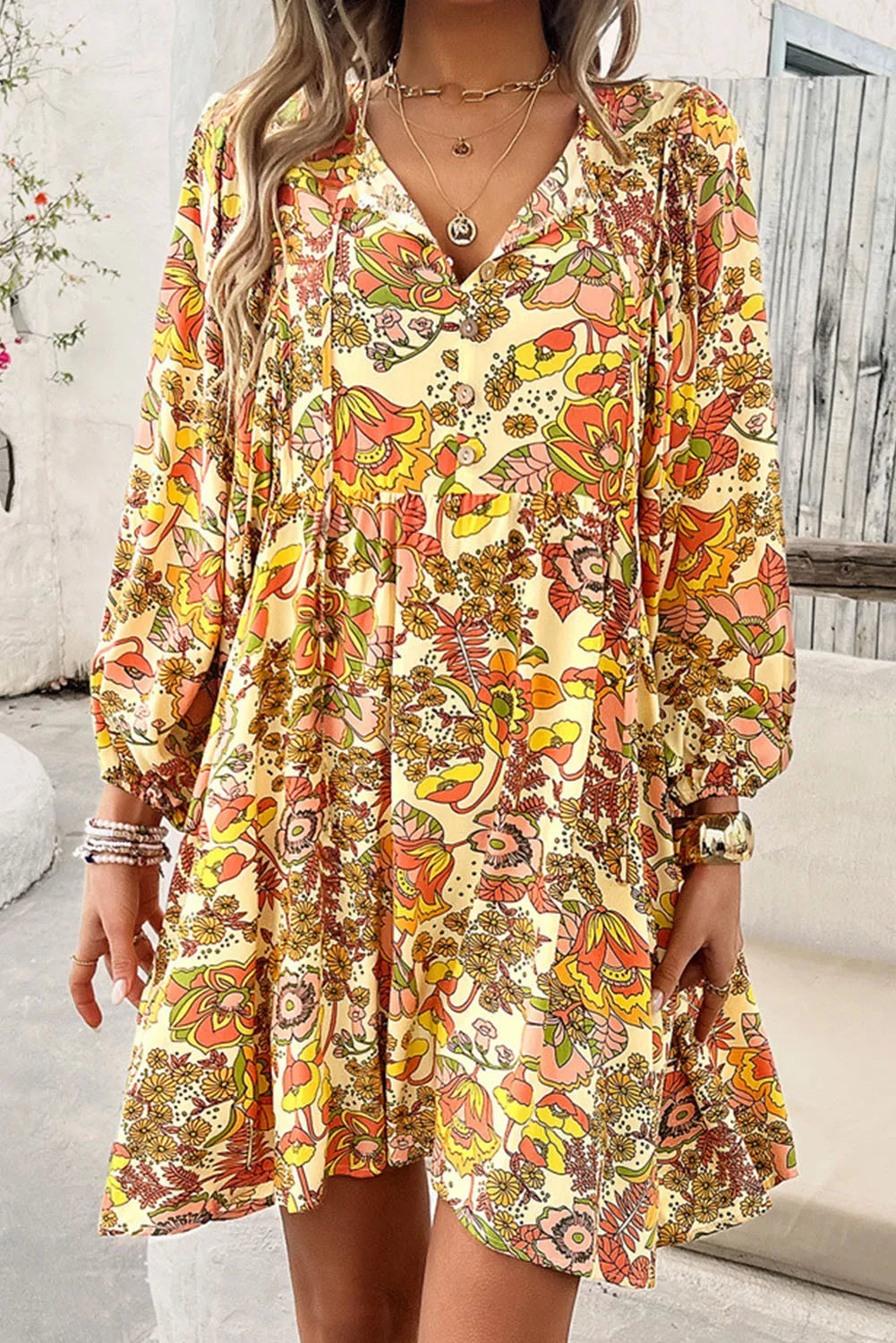 Printed Tie Neck Balloon Sleeve Mini Dress free shipping -Oh Em Gee Boutique