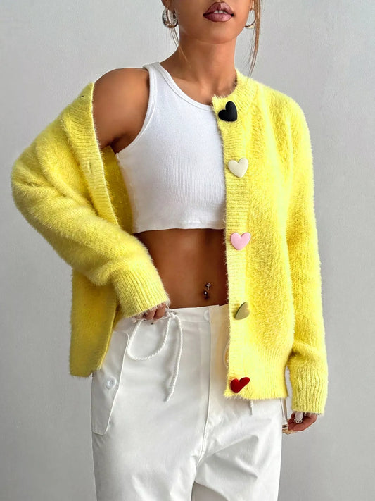 Heart Button Fuzzy Cardigan free shipping -Oh Em Gee Boutique