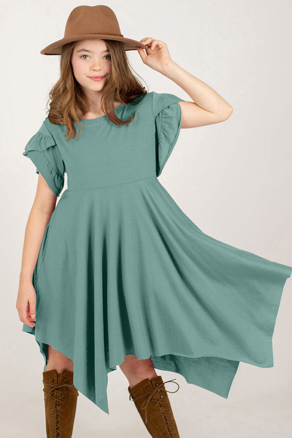 Girl's Round Neck Petal Sleeve Dress free shipping -Oh Em Gee Boutique