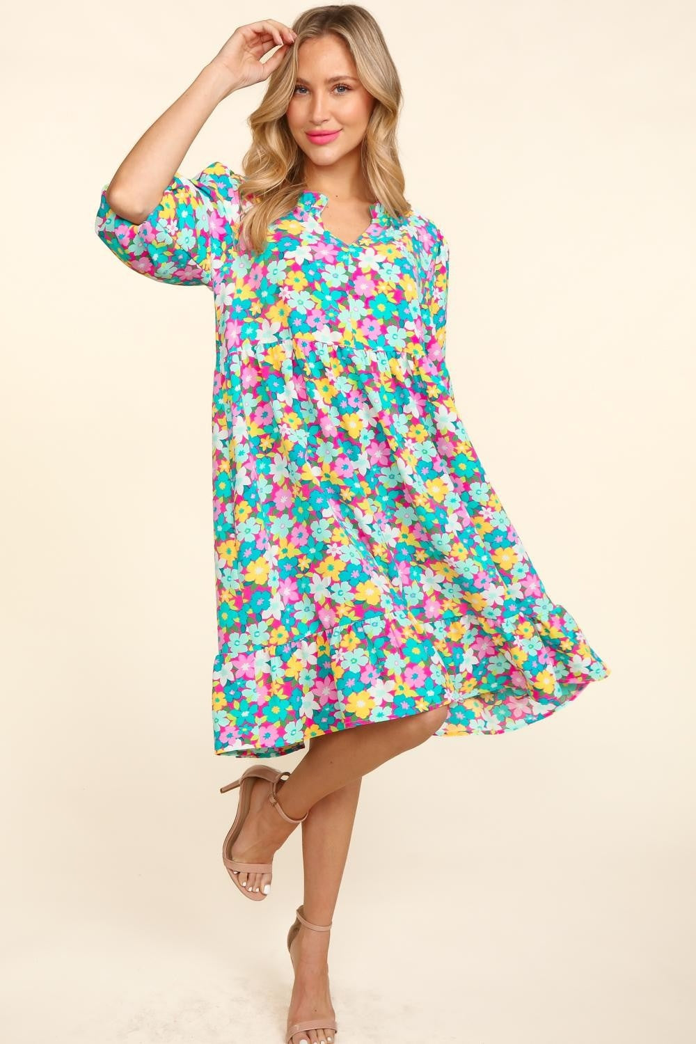 Haptics Bubble Sleeve Floral Ruffled Dress free shipping -Oh Em Gee Boutique