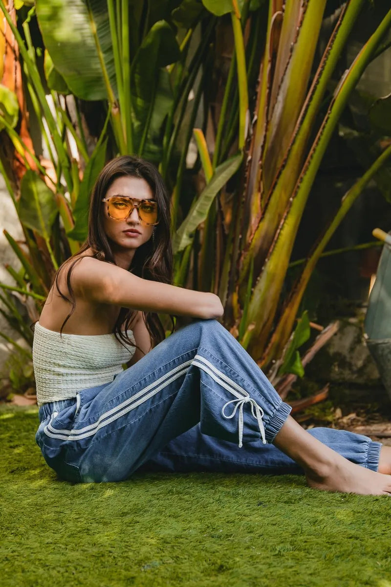 BiBi Striped Tape Details With Bot Tied Point Elastic Waist Jeans free shipping -Oh Em Gee Boutique
