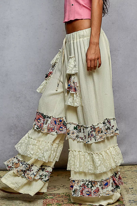 POL Drawstring Double Gauze Wide Leg Pants with Print and Lace Ruffle free shipping -Oh Em Gee Boutique