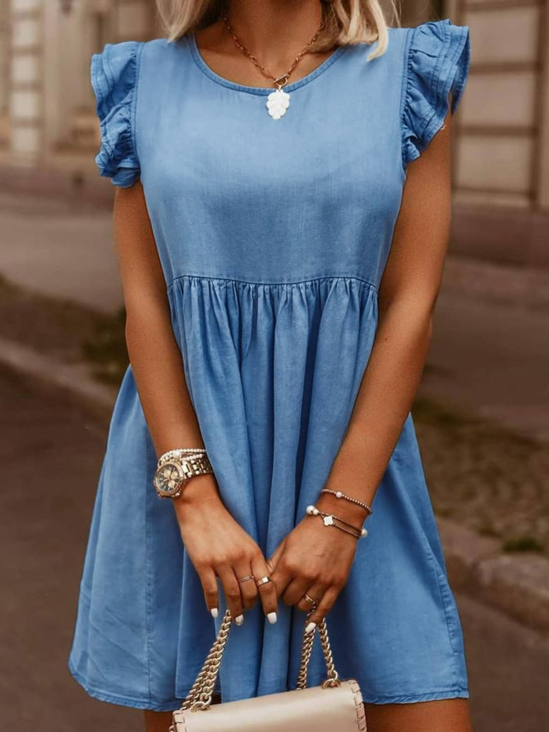 Full Size Ruffled Round Neck Cap Sleeve Denim Dress free shipping -Oh Em Gee Boutique