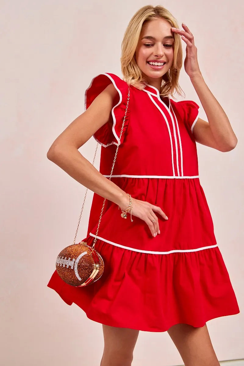 BiBi Gameday Theme Contrast Binding Ruffled Dress free shipping -Oh Em Gee Boutique