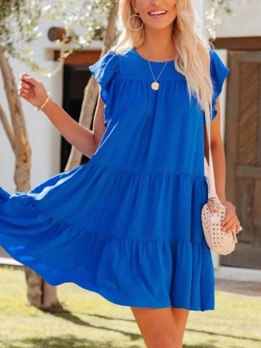 Ruffled Round Neck Cap Sleeve Mini Dress free shipping -Oh Em Gee Boutique