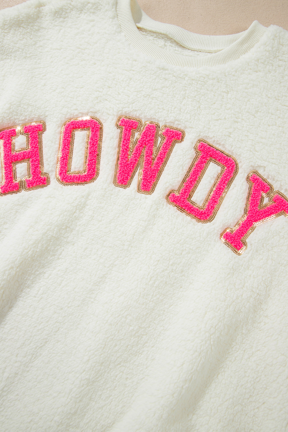 HOWDY Patched Round Neck Sherpa Sweatshirt free shipping -Oh Em Gee Boutique