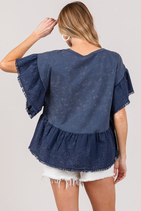 SAGE + FIG Ruffle Sleeve Washed Short Sleeve Blouse free shipping -Oh Em Gee Boutique