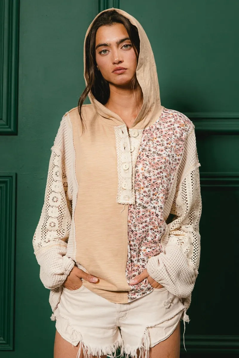 BiBi Slub Jersey with Lace Combo Buttoned Hoodie Top free shipping -Oh Em Gee Boutique