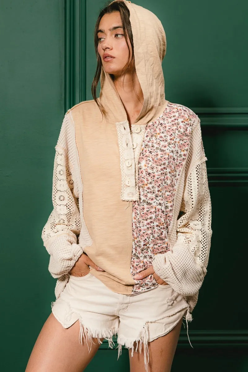 BiBi Slub Jersey with Lace Combo Buttoned Hoodie Top free shipping -Oh Em Gee Boutique