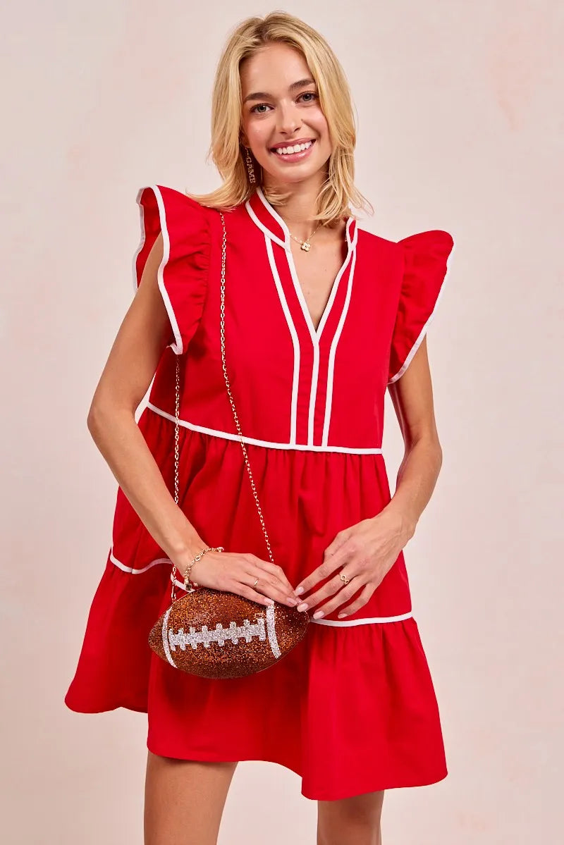 BiBi Gameday Theme Contrast Binding Ruffled Dress free shipping -Oh Em Gee Boutique