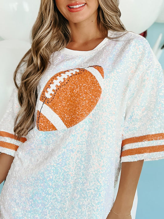 Sequin Football Round Neck Half Sleeve Oversize Top free shipping -Oh Em Gee Boutique